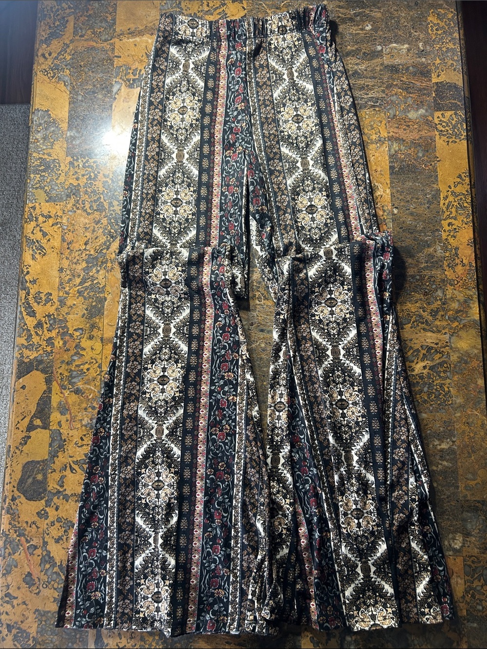 Boho Striped Floral Wide-Leg (Flare) Pants - Black & Cream